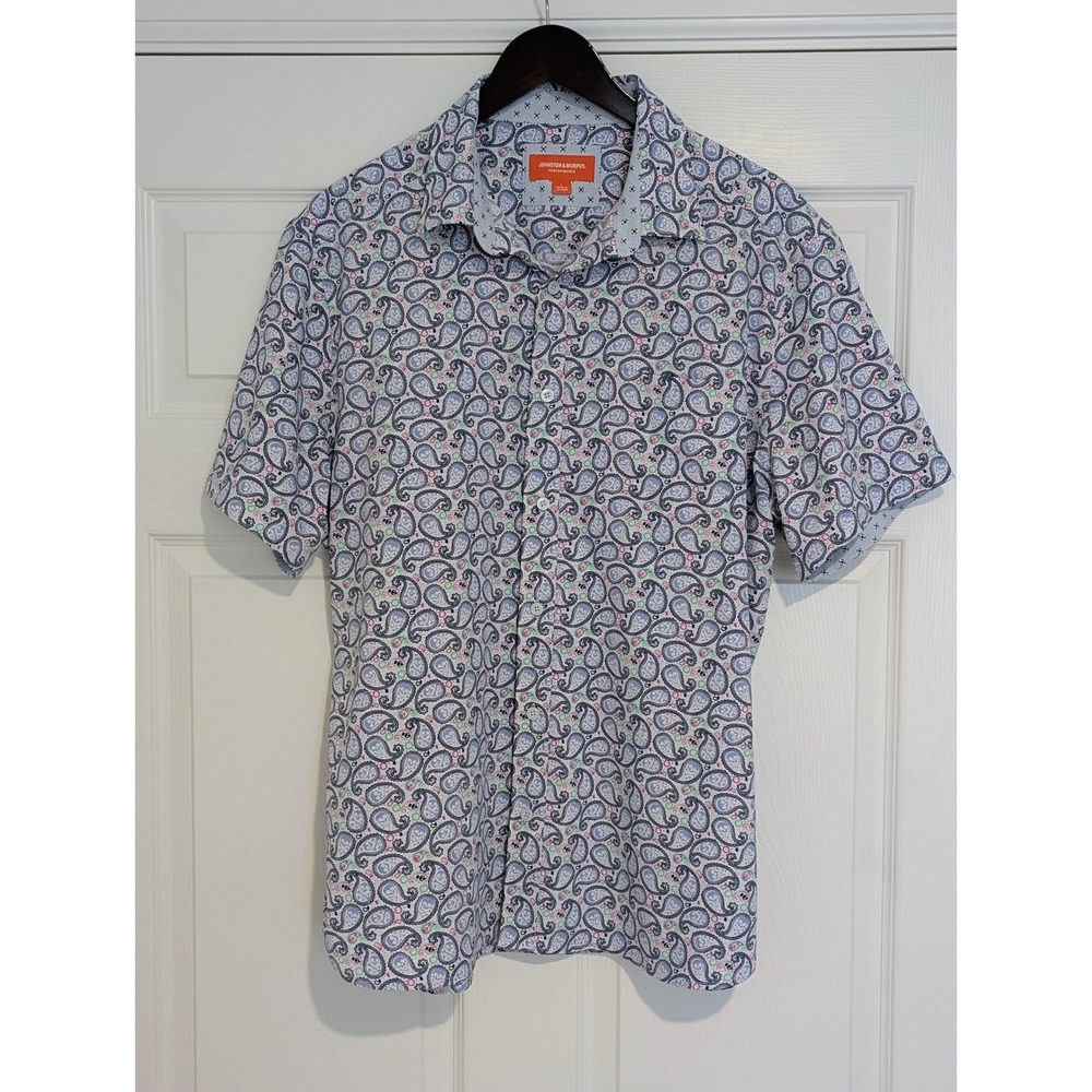 Johnston & Murphy Performance Mens Large Paisley & Skull Shirt Short Sleeve Blue